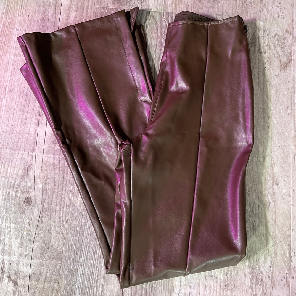 NEW WITH TAGS Abercrombie Vegan Leather Split Hem Brown Pants Slim Flare